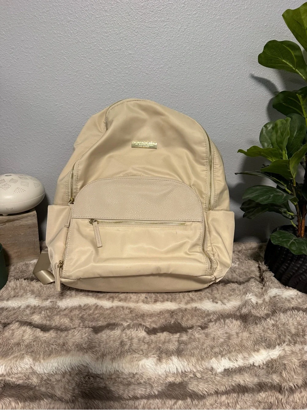 Laundry by Shelli Segal Cream Nylon Backpack with Gold Accents